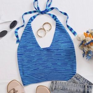 Summer Blue Striped Knitted Halter Cropped Tank